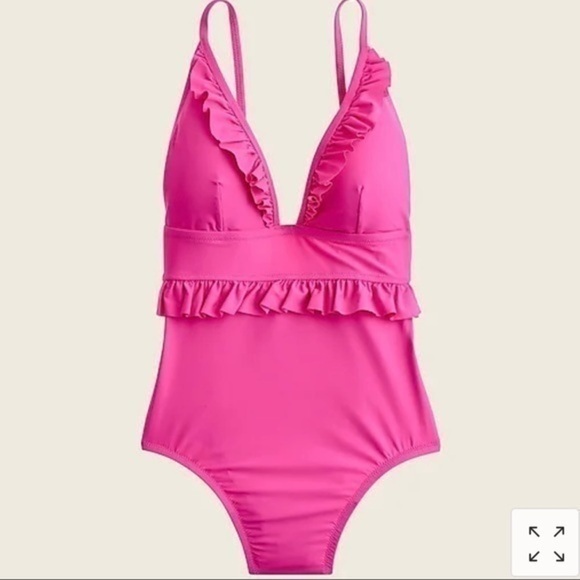 New J Crew Ruffle Deep V One Piece Swimsuit Neon Flamingo - Picture 2 of 6
